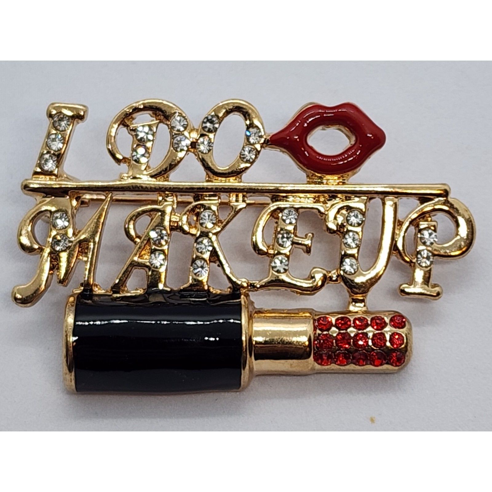I Do Makeup Brooch Lipstick Red Lips Rhinestones & Enamel Makeup Artist Beauty